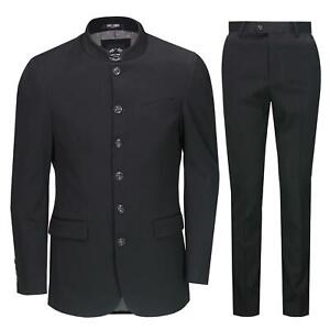 B14 - Mens 3 Piece Chinese Grandad Collar Suit Fitted Nehru Jacket Wedding Party