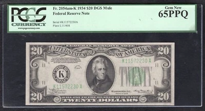 FR. 2054am-K 1934 $20 MULE FEDERAL RESERVE NOTE DALLAS, TX PCGS GEM UNC-65PPQ - Image 1 of 2