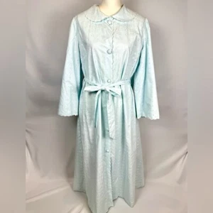 Vintage Flo Weinberg Robe Housecoat Eyelet Cotton Blend Pockets Light Blue Large - Picture 1 of 15
