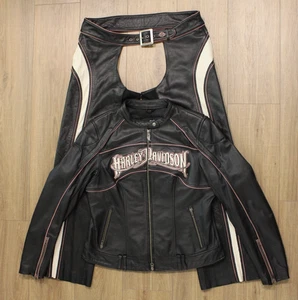 Harley Davidson Women's Pink & Black Embroidered Leather Jacket & Chaps - Size L - Picture 1 of 14