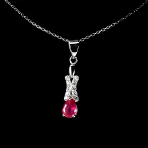 925 Sterling Silver Necklace Pear Ruby 7x5mm Natural Gemstone Jewelry 1 - Picture 1 of 10