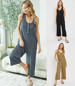 Women's Scoop Neck Buttondown Wide-leg Jumpsuit Sleeveless Pocket Loose Lounge - Picture 1 of 22
