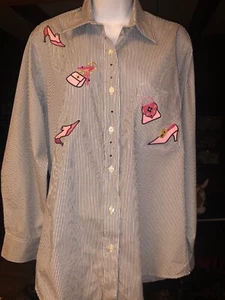 NWOT LAS OLAS Oved Int STRIPED BUTTON SHIRT Embroidered Pink Heels & Purse XS - Picture 1 of 9