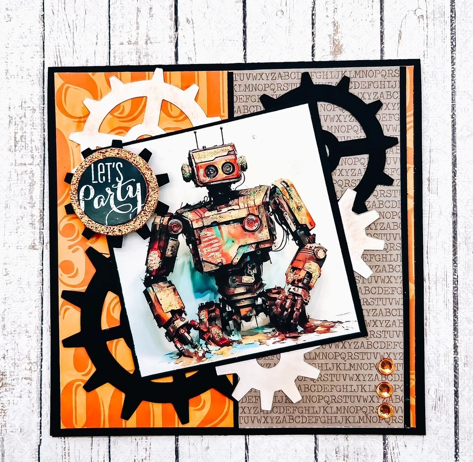 Tarjeta troquelada de cumpleaños de niño robot LET'S PARTY naranja y negro hecha a mano Foto 1 de 1