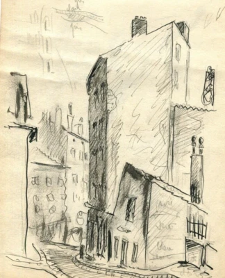 Vintage Ink Original Drawing Cityviews, Buildings, Houses c. 1930 - Image 1 of 4