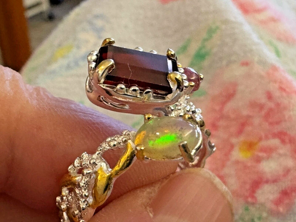 Anel de prata esterlina 925 prata esterlina 925 fogo de hessonita vermelha natural 🔥opala e turmalina tamanho 10 - Imagem 1 de 4