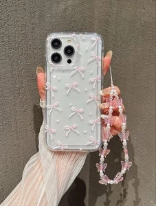 Ästhetische rosa Schleife Hülle für iPhone mit rosa Schmetterling Perlen Armband - Bild 1 von 5