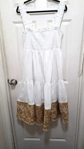 Abercrombie & Fitch White & Gold Embroidered Tiered Dress Ruffled Straps Smocked - Picture 1 of 8