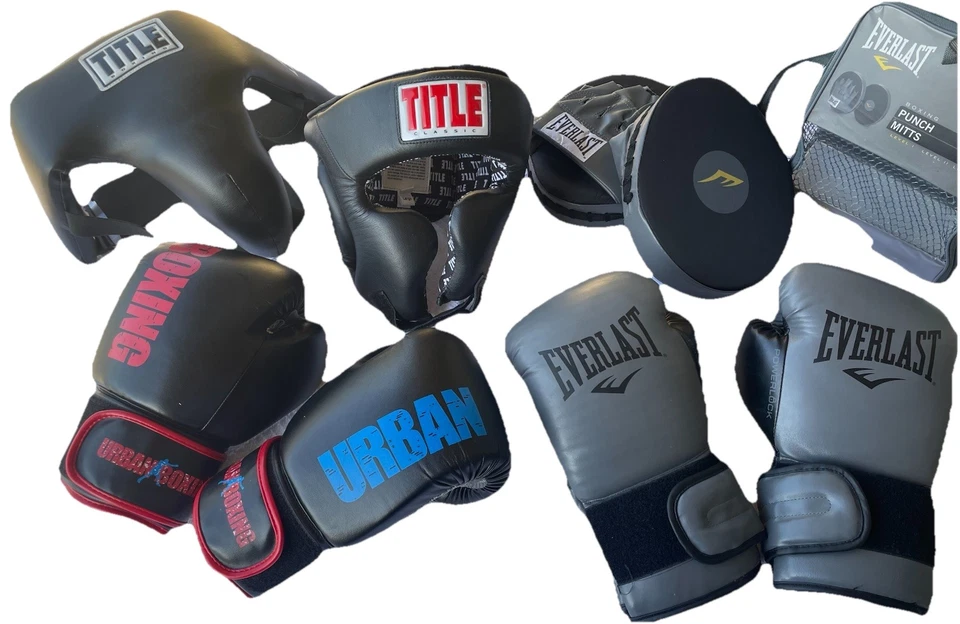 Mixed Lot Boxing Gear TITLE Headgear, Groin Protect, EVERLAST Gloves & Mitts, UB - Image 1 of 4