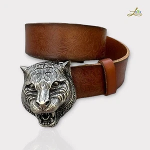 Cinturón Gucci Felino Antiguo Plateado Hebilla Decorado Cuero Talla 95 - Imagen 1 de 11
