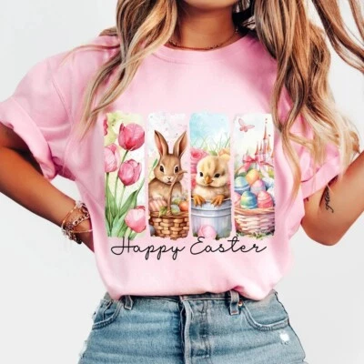 Happy Easter  T Shirt Cute Easter Bunny Floral Spring Shirt Men Women Kids Top - Image 1 of 3
