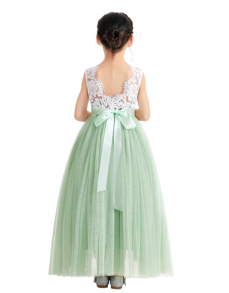 Scalloped Open Back Lace Flower Girl Dress Baptism Dress Graduation Dress Party - Image 1 of 1