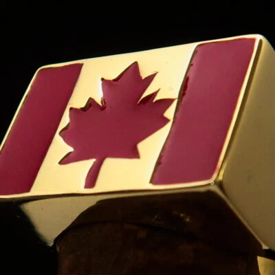 MENS BRASS COSTUME RING FLAG OF CANADA MAPLE LEAF RED ENAMEL SPORT EVENT SIZE 10 - Image 1 of 4