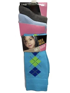 Gold Medal Crew Socks Girl's Fashion 3 Pair Fits Size 6 - 8.5 Blue Gray New - Picture 1 of 6