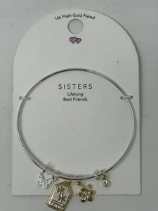 NEW 14k Flash Gold Plated "Sisters" Bangle Bracelet with 4 Charms - Great Gift! - Picture 1 of 3