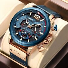 LIGE Luxus Uhr Chronograph Sport Herren Quarz Armbanduhren Leder Wasserdicht