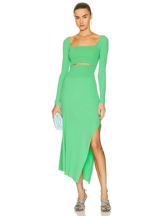 A.L.C. Women's Green Clara Ribbed Long Sleeve Asymmetric Dress Size L