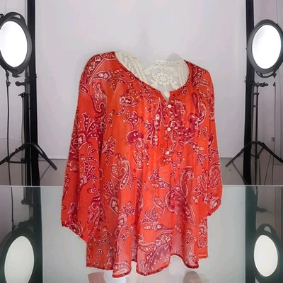 Old Navy Popover Top XXL 橙色和红色佩斯利透明 Pintuck 3/4 袖束腰外衣  — 第 1/4 张图片