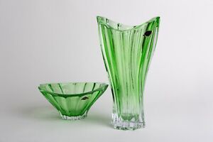 Set Vase 12 " and Bowl 8" Green Vase Desert Bowl Bohemia Czech Crystal Gift
