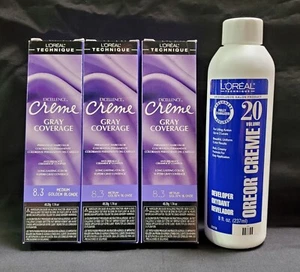 L'Oreal Gray Coverage 8.3 Medium Golden Blonde 1.74oz(3 pack) & 8oz 20 Vol Oreor - Picture 1 of 3