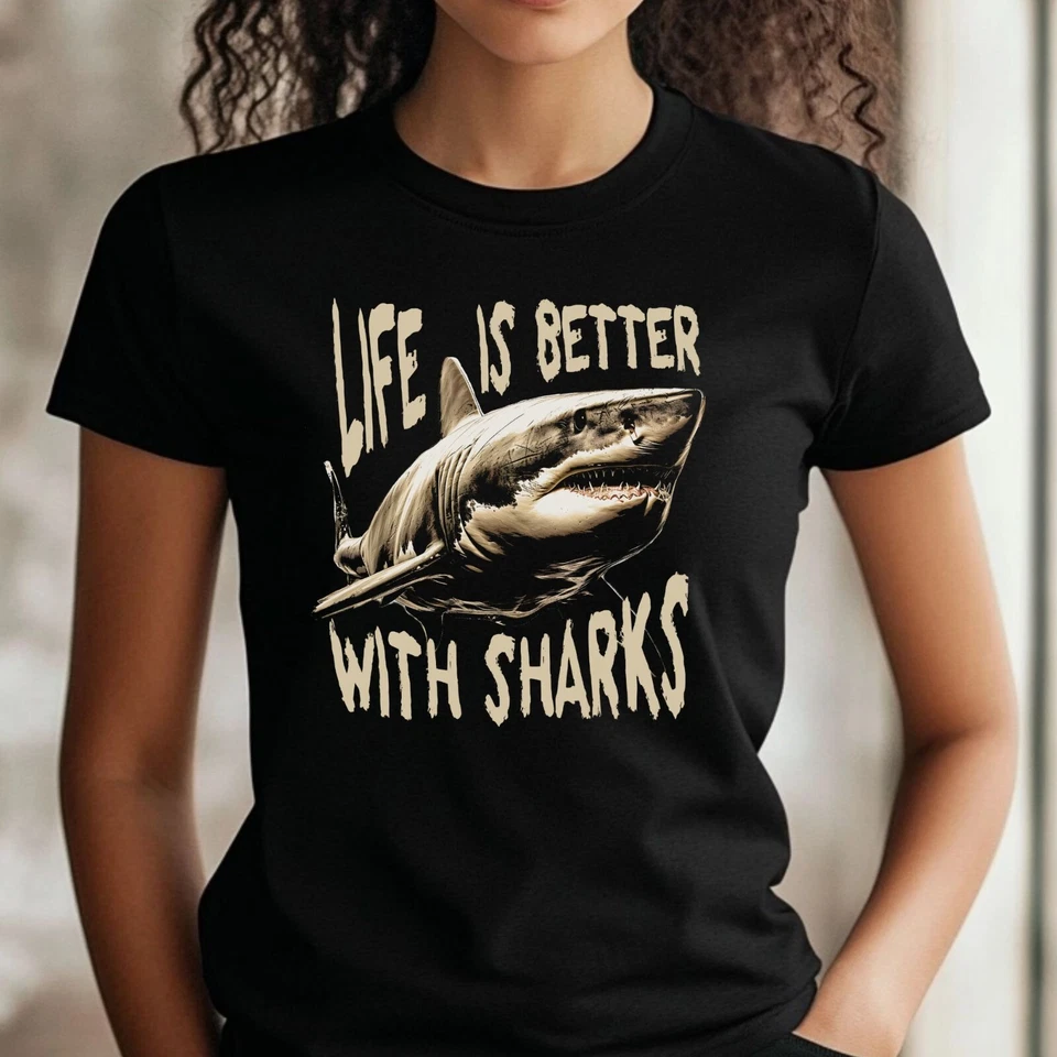 T-Shirt Frauen Lustiges Haifisch Motiv Baumwolle Größe XS bis 3XL - Bild 1 von 1
