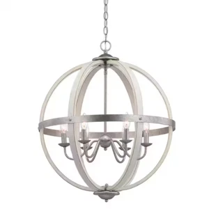 6 Light Antique White Wood Galvanized Farmhouse Orb Chandelier - Picture 1 of 1