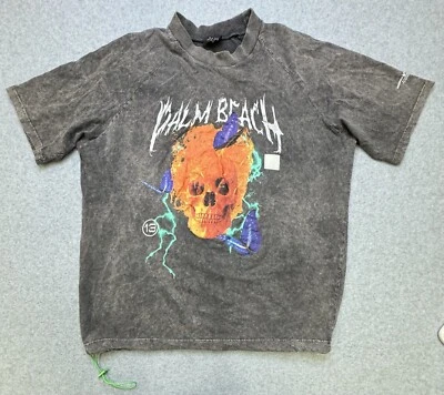 复古 Boohoo MAN 棕榈滩男式衬衫尺寸 L 灰色头骨图案 — 第 1/4 张图片