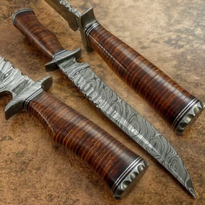STUNNING CUSTOM MADE HAND FORGED DAMASCUS STEEL BOWIE KNIFE, LEATHER STACKS - Picture 1 of 10