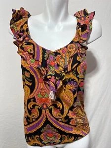 Ralph Lauren Mujer Pequeño Top Algodón Negro Naranja Paisley Con Volantes Sin Mangas - Imagen 1 de 4