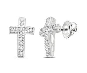 10K White Gold Diamond Cross Earrings Micro Pave diamond Religious Studs .10ct - Picture 1 of 4