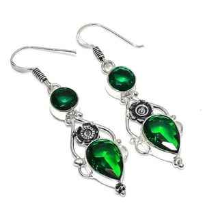 Chrome Diopside Gemstone Handmade 925 Sterling Silver Jewelry Earring Size 1.9" - Picture 1 of 1