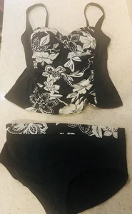 M&S Tankini Set Uk 12 Black/White Padded & Ruched Stretch Top & Swim Briefs VGC - Picture 1 of 8