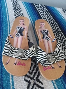 Dr. Scholl's Sz 10 Wood Chevron Swim Barbie Doll Slide Sandal Shoes black white - Picture 1 of 10