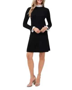 CeCe Ruffle Trim Sweater Dress Women's XL Black/White Crew Neck Pullover L/S - Picture 1 of 15