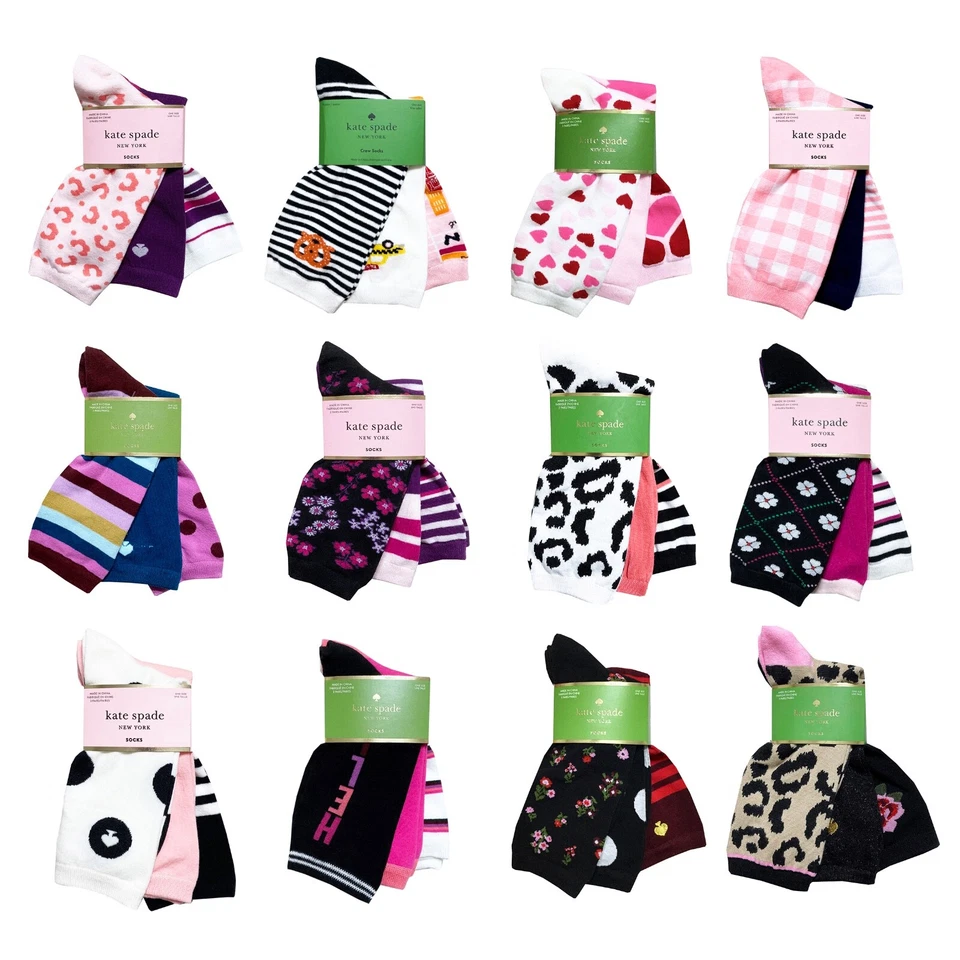 Calcetines Kate Spade Crew 3 Pares ELIGE Flor Lunares Rayas Leopardo Nueva York Foto 1 de 1