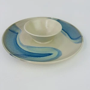 Signed Studio Pottery Clay Handmade One Piece Chip And Dip Serving Plate - Picture 1 of 7