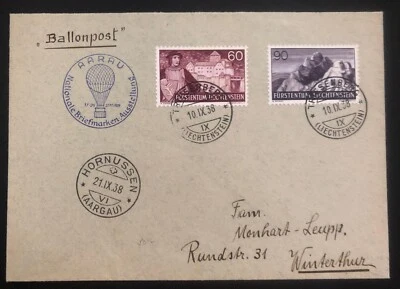 1938 Triesenberg Lichtenstein 气球 航空邮件封面到瑞士通过 Aarau — 第 1/2 张图片