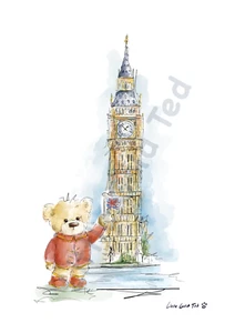 Little Gold Ted A3 Illustration Print Big Ben. Home Decor Print, Poster Gift - Picture 1 of 6