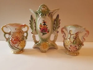 Vintage Brazil Floral Vase Set Ceramic Lustre Finish #1749 #421 #423 Mint - Picture 1 of 9