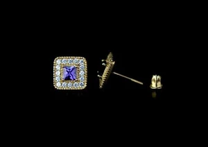 14k Yellow/White Princess Diamond Halo Studs Earrings Screwback - Picture 1 of 22