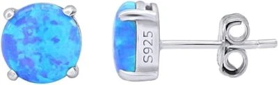 Solitaire Stud Earrings 925 Sterling Silver 7mm Simulated Opal Round Cut - Image 1 of 4