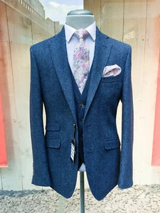 3 Piece Blue Men Suit Vintage Tweed Herringbone Tuxedo Wedding Party Prom Suits - Picture 1 of 11