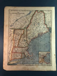 Vintage 1883 New England States Map Color  Eastern US Boston Frameable - Picture 1 of 13