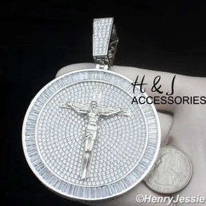 MEN 14K WHITE GOLD PLATED ICY BLING BAGUETTE CZ JESUS CROSS ROUND PENDANT*ABP17 - Picture 1 of 5