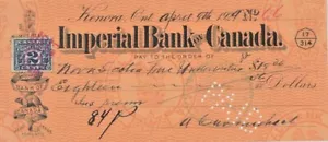 1929 CHEQUE BANCARIO Kenora Ontario BANCO IMPERIAL de CANADÁ sello fiscal ingresos - Imagen 1 de 1