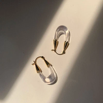 Gold Oval Earrings Lucite Hoop Earrings Resin Acrylic Geometric Earrings - Image 1 of 4