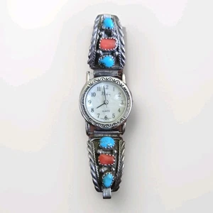VTG Native American sterling silver Turquoise Coral Stone Womens Watch - Picture 1 of 7