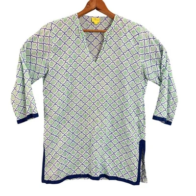 Roberta Roller Rabbit Blue Green Geometric Print Tunic Top Size L Cotton - Image 1 of 4