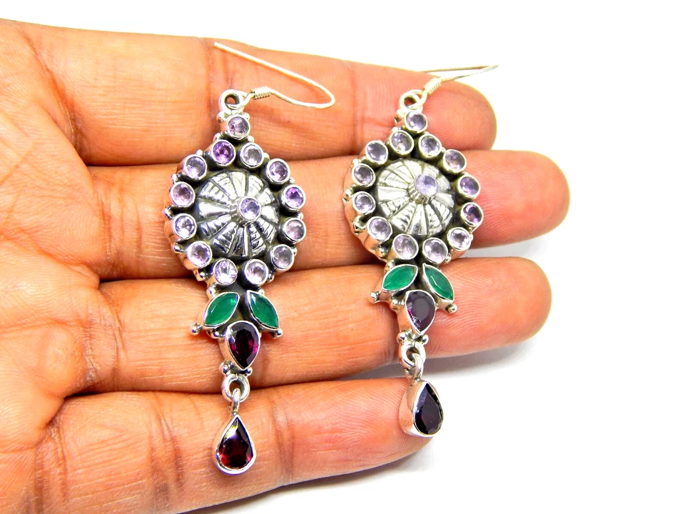 Natural Amethyst Garnet Flower Earring in 925 Sterling Silver Wedding Earring - Изображение 1 из 3