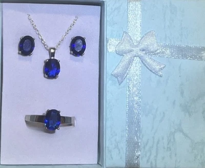 Stunning Blue Sapphire Necklace, Earrings, & Ring Size 10 Set - Image 1 of 4